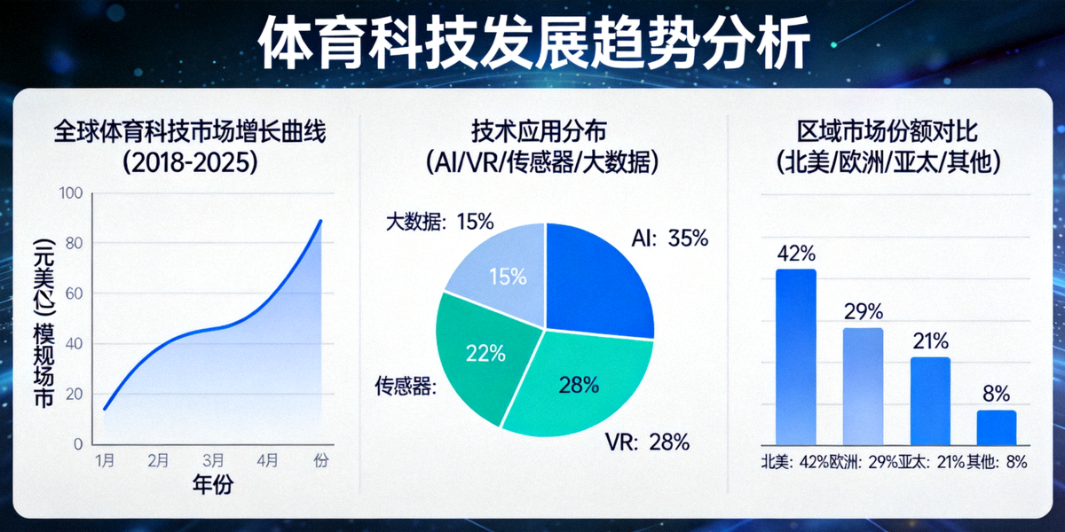 体育科技发展趋势分析图表 - 展示全球体育科技市场增长曲线、技术应用分布和区域市场份额对比