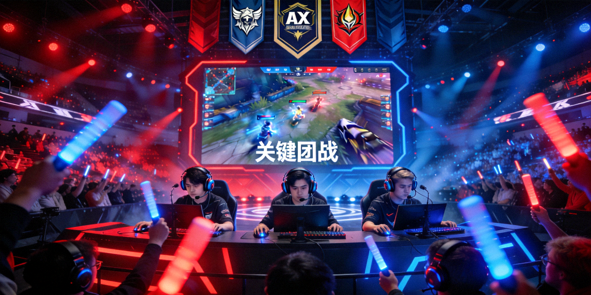 AYX平台S级联赛现场，传奇战队在电竞舞台上激烈对抗，观众席灯光璀璨，大屏幕显示关键团战画面