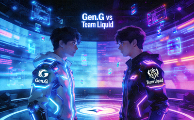 Gen.G与Team Liquid选手在舞台上对峙的赛博风格插画