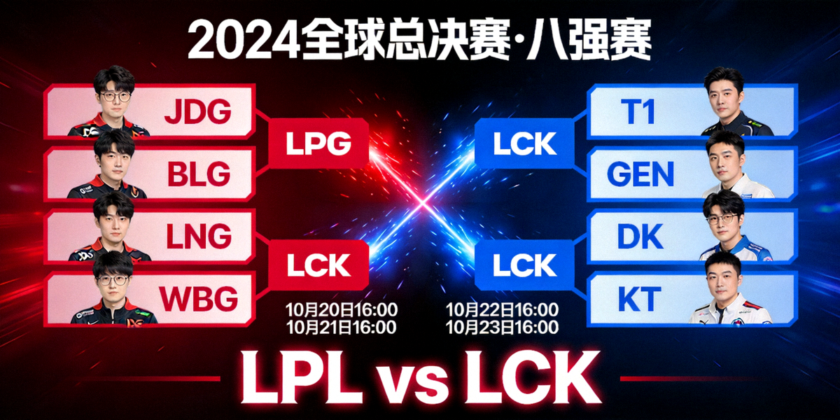S14全球总决赛八强赛程对阵图，LPL与LCK战队激烈碰撞的视觉概念