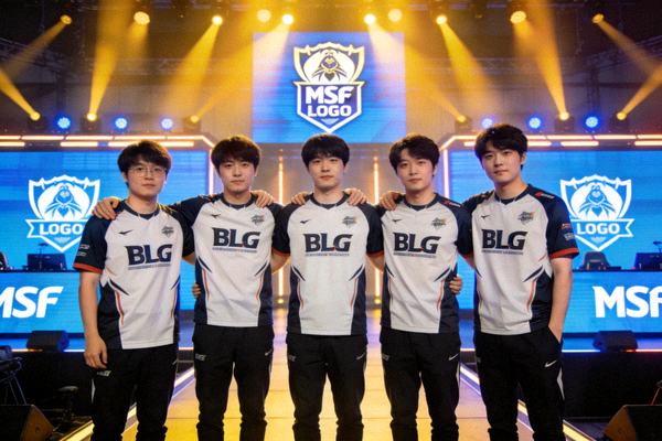 BLG战队五位选手在MSI舞台上并肩站立，神情专注