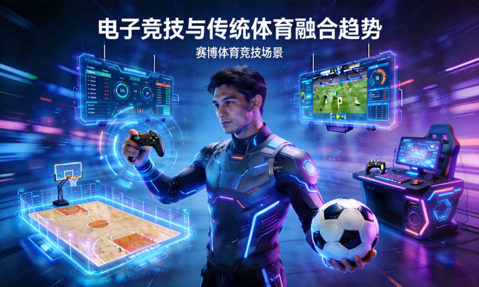 电子竞技与传统体育融合趋势配图，展示赛博体育竞技场景